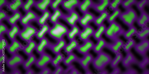 Seeping gyroid lattice drifts through purple and green gradients with warped smoke waves and grain.