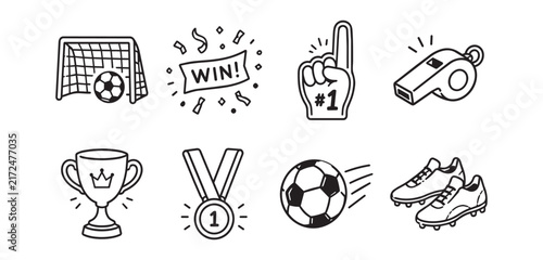 Bild auf Leinwand Hand drawn doodle outline soccer icons set with goal ball trophy whistle foam fi