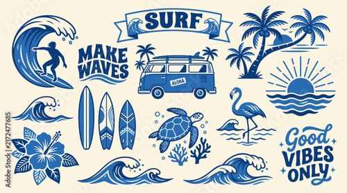 Vintage Surf Adventure Graphics with Surfer Wave Camper Van Surfboards Sea Turtle Flamingo Palms and Sunset in Blue on Cream Background