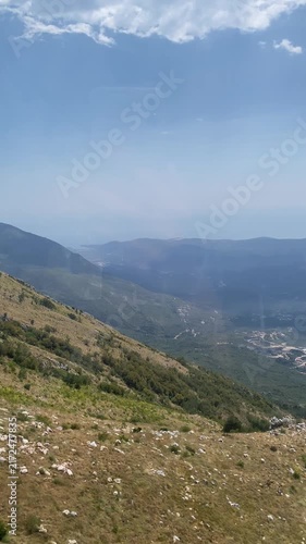 Panning high-angle shot captures a Montenegro mountain landscape from cable car