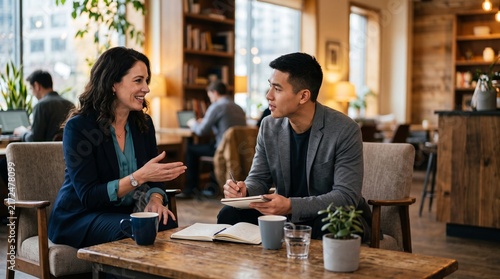 Business Meeting in a Cafe: Two professionals engage in a productive discussion over coffee in a cozy cafe setting, surrounded by the soft hum of ambient activity.