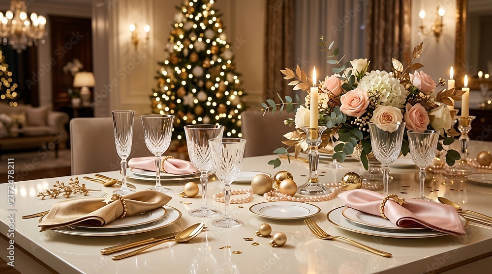 Fototapeta premium Elegant Christmas dinner table setting with festive decorations and glowing tree background