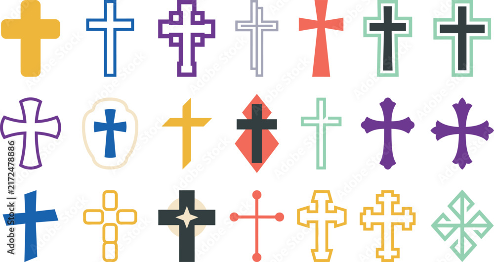 Fototapeta premium Assortment diverse christian cross symbols religious in flat color styles