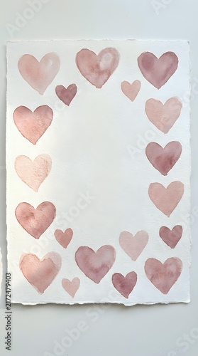 Watercolor hearts in varying shades of rose and mauve arranged