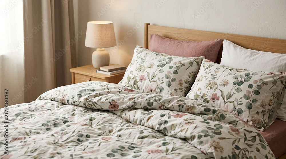 Obraz premium Cozy Bedroom with Botanical Print Duvet and Pillows - Hygge Lifestyle