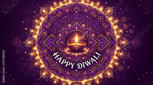 Diwali Greeting with Decorative Rangoli and Oil Lamp