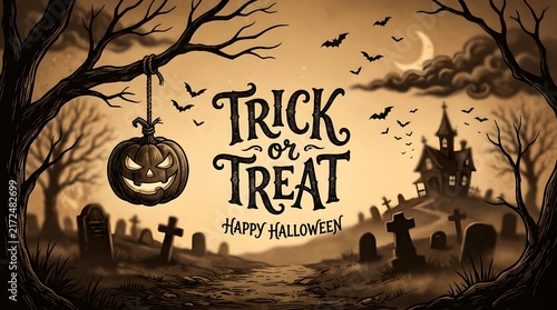 Vintage Halloween Trick-or-Treat Poster with Haunted House, Jack-o’-Lantern, and Bats