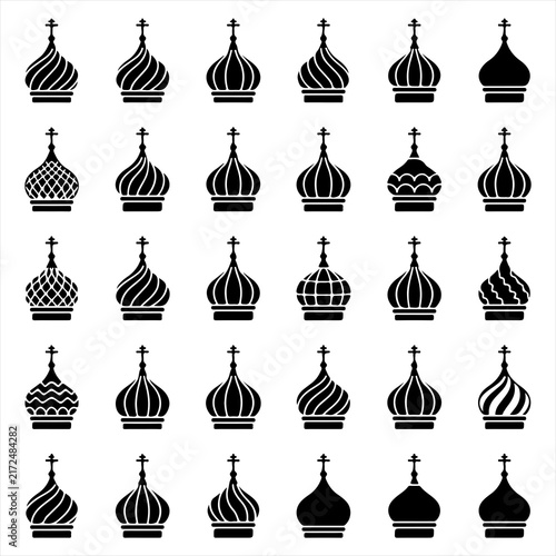 Set of black silhouette icons depicting ornate onion domes and church rooftops with russian architecture religious buildings orthodox symbols cathedral domes tower tops cross symbols building