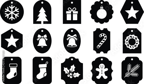 Christmas and Winter Holiday Filled Badge Icon Collection with Festive Decorative Symbols