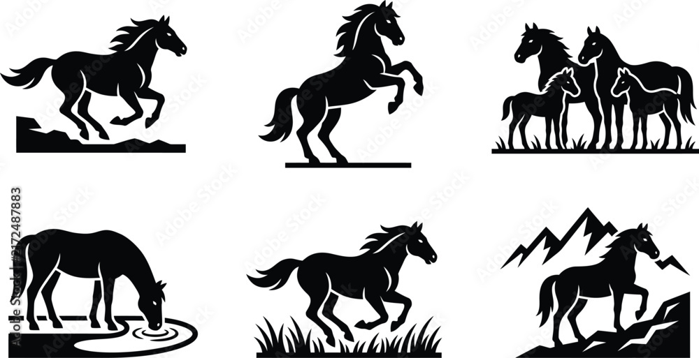 Fototapeta premium Black horse silhouette collection, 6 wild stallion vector icons, equestrian animal set for ranch and farm logos