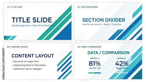 Modern Presentation Slide Templates With Section Dividers And Data Charts
