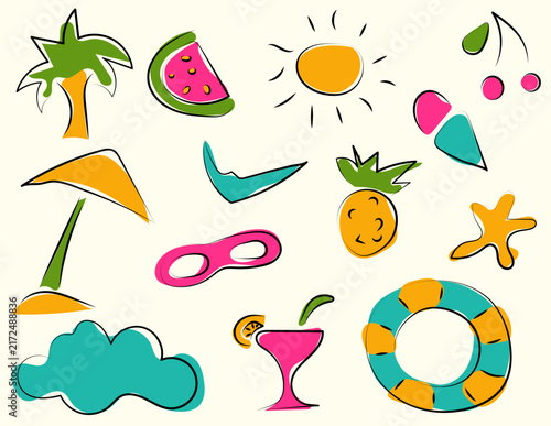 Hand drawn summer beach vacation vector elements set