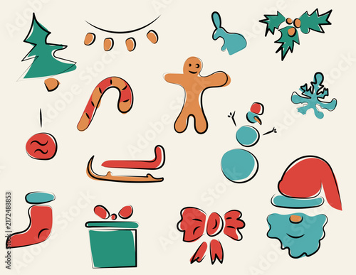 Hand drawn christmas holiday doodle vector elements set