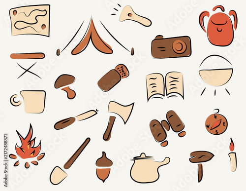 Hand drawn camping adventure and hiking vector elements set
