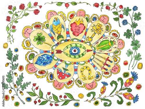 Magic talismans and amulets collection, watercolor illustration