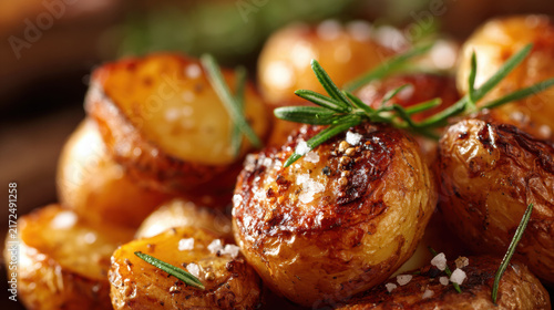 Roasted baby potatoes sprinkled with rosemary and sea salt, golden crispy skin with warm autumn palette and blurred background