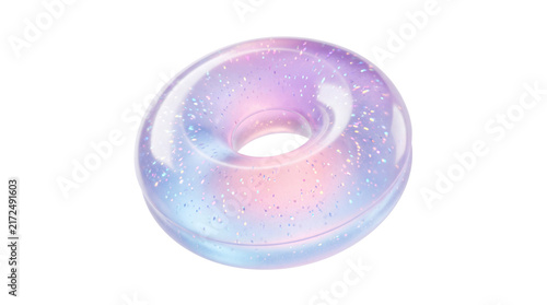 Holographic 3D donut with glitter texture, iridescent purple and blue glass torus, futuristic abstract geometric shape on white