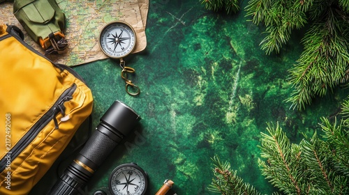 Gear up for your next outdoor adventure with essential camping supplies like a compass, flashlight, backpack, and map surrounded by pine branches