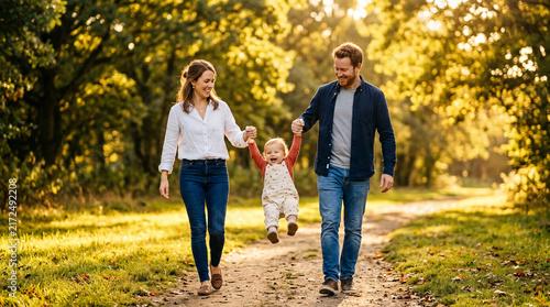 Family walking in park holding hands with laughing toddler child outdo