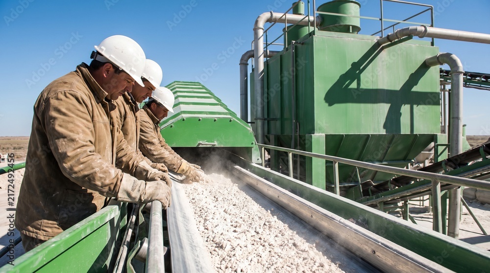 Naklejka premium Workers guide mineral feedstock through conversion yard