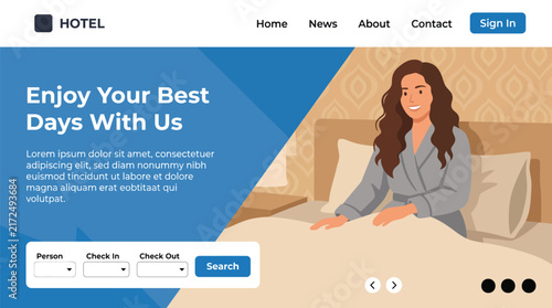 Hotel Booking Landing Page Template with Woman Relaxing in Bed