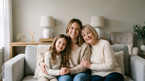 Three generations of women smiling together on a living room sofa