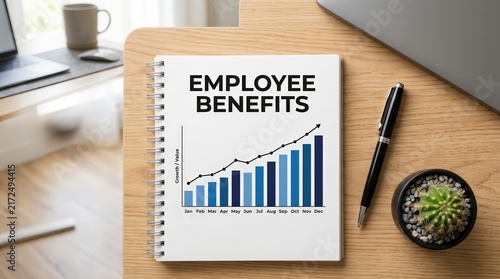 Employee benefits growth chart shown on a notebook with a pen and cactus.