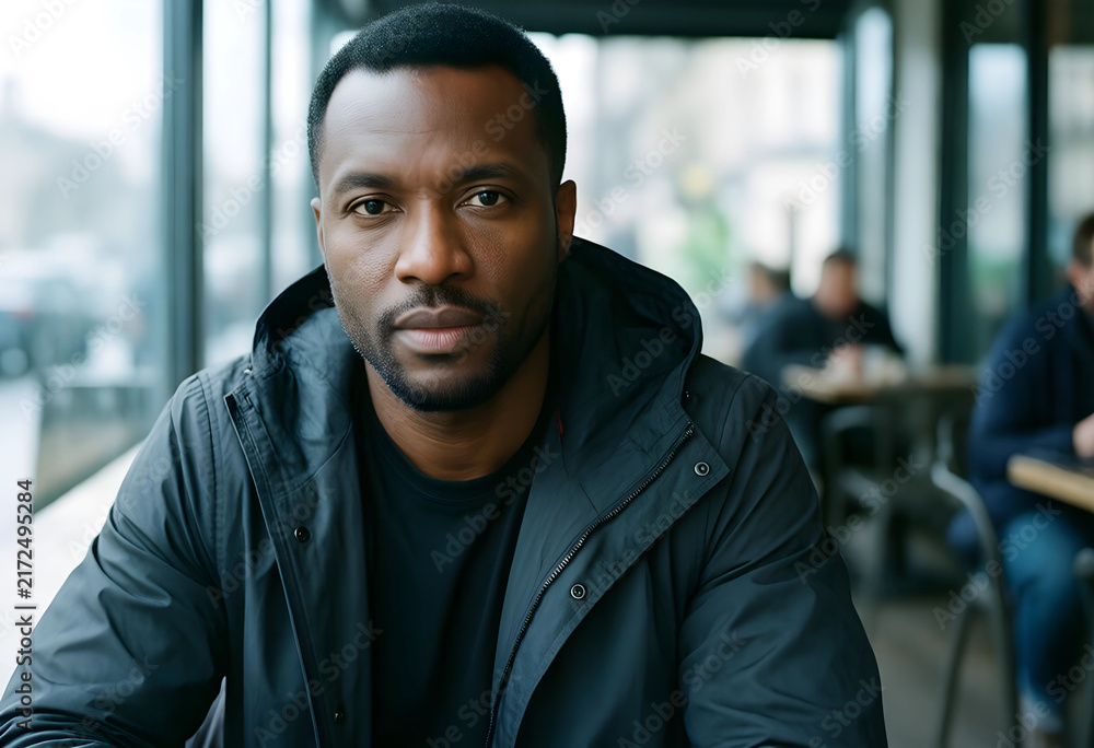 Fototapeta premium Confident black man wearing fashionable raincoat in cafe