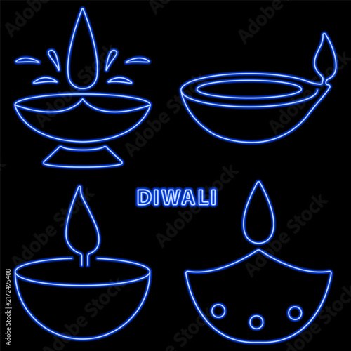 Blue neon diwali diya oil lamps vector icons set