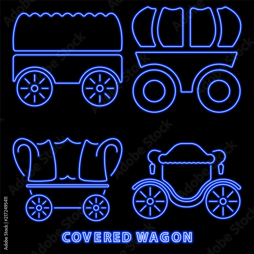neon carriage and vintage wagon wild west icons set
