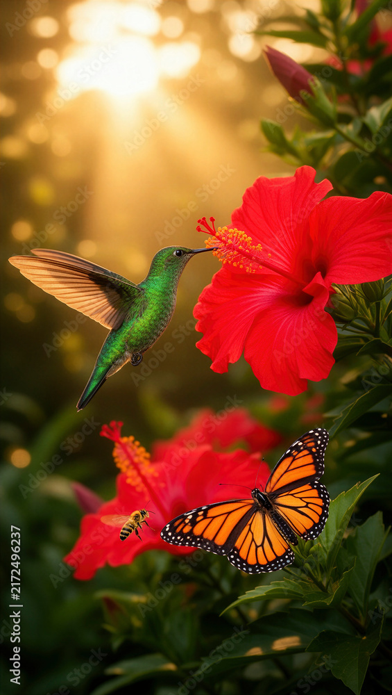 Fototapeta premium colibrí, ave, ave tropical, vuelo, naturaleza, fauna, vida silvestre, jardín, flores, hibisco, flor roja, flor naranja, abeja, abejas, mariposa, polinizadores, polinización, néctar, biodiversidad, eco