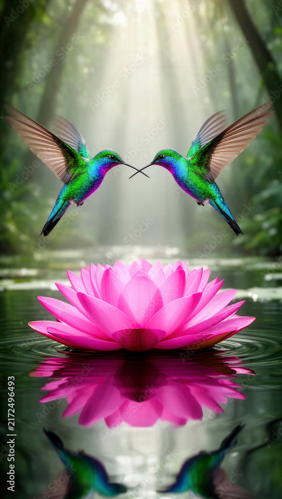 Fototapeta premium colibrí, aves, ave tropical, vuelo, naturaleza, vida silvestre, fauna, bosque tropical, selva, flor de loto, loto, flor rosa, agua, estanque, reflejo, reflejo en el agua, superficie del agua, biodiver