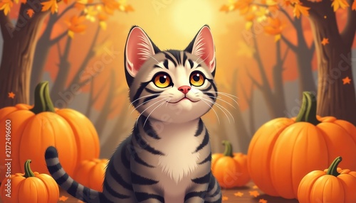 Adorable tabby kitten surrounded by pumpkins in a warm autumn forest scene for halloween poster or seasonal background design