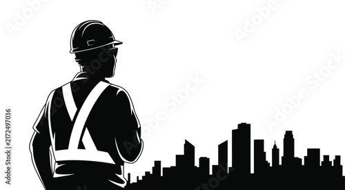 Silhouette of a construction worker wearing a hard hat and safety vest, looking at a city skyline, urban development and infrastructure planning concept, white