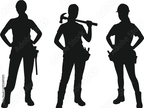 Three black silhouettes of female construction workers or builders standing in a row, wearing tool belts, one holding a hammer, isolated on a white background