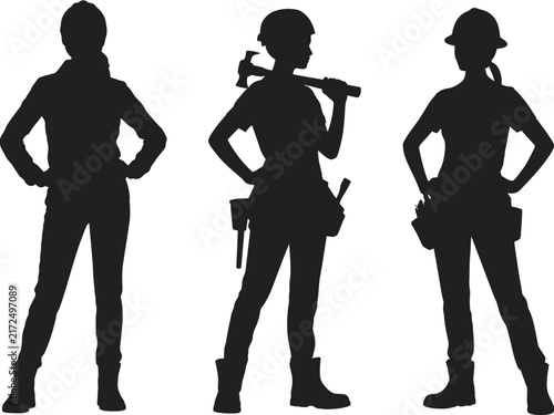 Three black silhouettes of female construction workers wearing hard hats and tool belts standing in different poses isolated on a plain white background, for use