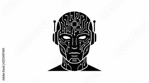 Black silhouette of a robotic head with integrated circuit board
