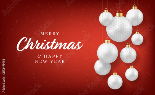 Golf christmas ball. Festive Golf Ball Ornaments on Red Background Celebrating Merry Christmas and Happy New Year Vector Greeting.