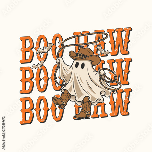 Boo Haw - Ghost Cowboy with Lasso and Boots Funny Western Halloween T Shirt Design