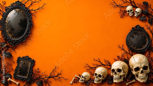 halloween background with bats Gothic  Halloween Background Frame Featuring Vintage Black Picture Frames Human Skulls Spooky Branches and Bones on Orange Background with Copy Space