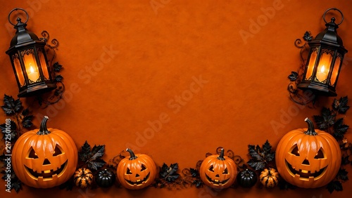 Spooky Halloween Background Frame with Glowing Jack-O-Lantern Pumpkins Black Vintage Lanterns and Autumn Leaves on Orange Texture Surface