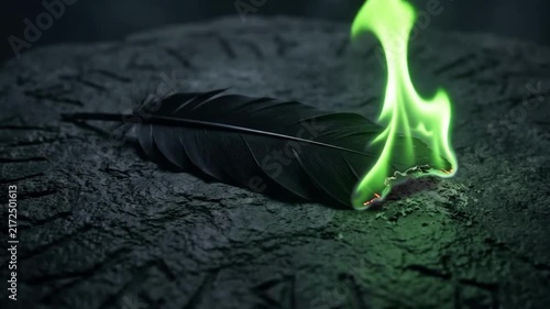Occult 4K Cinematic Black Raven Feather Burning with Magical Green Fire on Ancient Runestone Surface Seamless Loop