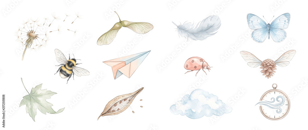 Obraz premium Watercolor nature clipart set isolated featuring flying butterfly bumblebee dandelion seeds paper airplane feather leaf ladybug cloud maple seed sycamore key winged pinecone for delicate summer design
