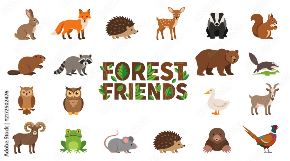 Obraz premium A collection of colorful flat vector illustrations of cute wild forest animals and woodland creatures isolated on a white background