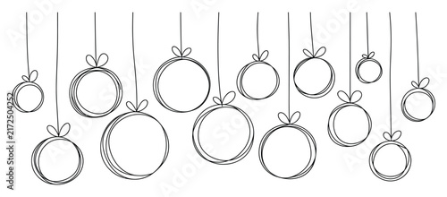 Hand-drawn doodle style christmas baubles, hanging circular ornaments with bows on thin vertical strings, black outline on a white background