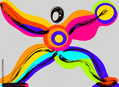 Dark background vector illustration featuring a surreal abstract creature, swirling lines, and vibrant color accents