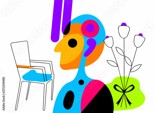 Light background vector illustration featuring a quirky modern abstract face, furniture, and plant elements