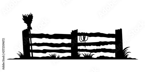 Old wooden fence icon. Fencing. Black silhouette. Horizontal front and side view. Vector simple flat graphic illustration, hand drawn. Isolated object on white background.