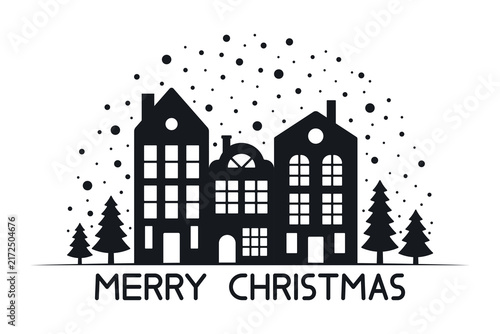 Houses, Christmas trees, and snowflakes. Merry Christmas text. Black silhouette. Front view. Vector simple flat graphic hand drawn illustration. Isolated object on white background.