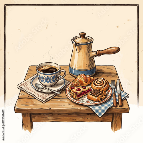 Coffee and Pastries on Wooden Table Flat Vector Illustration